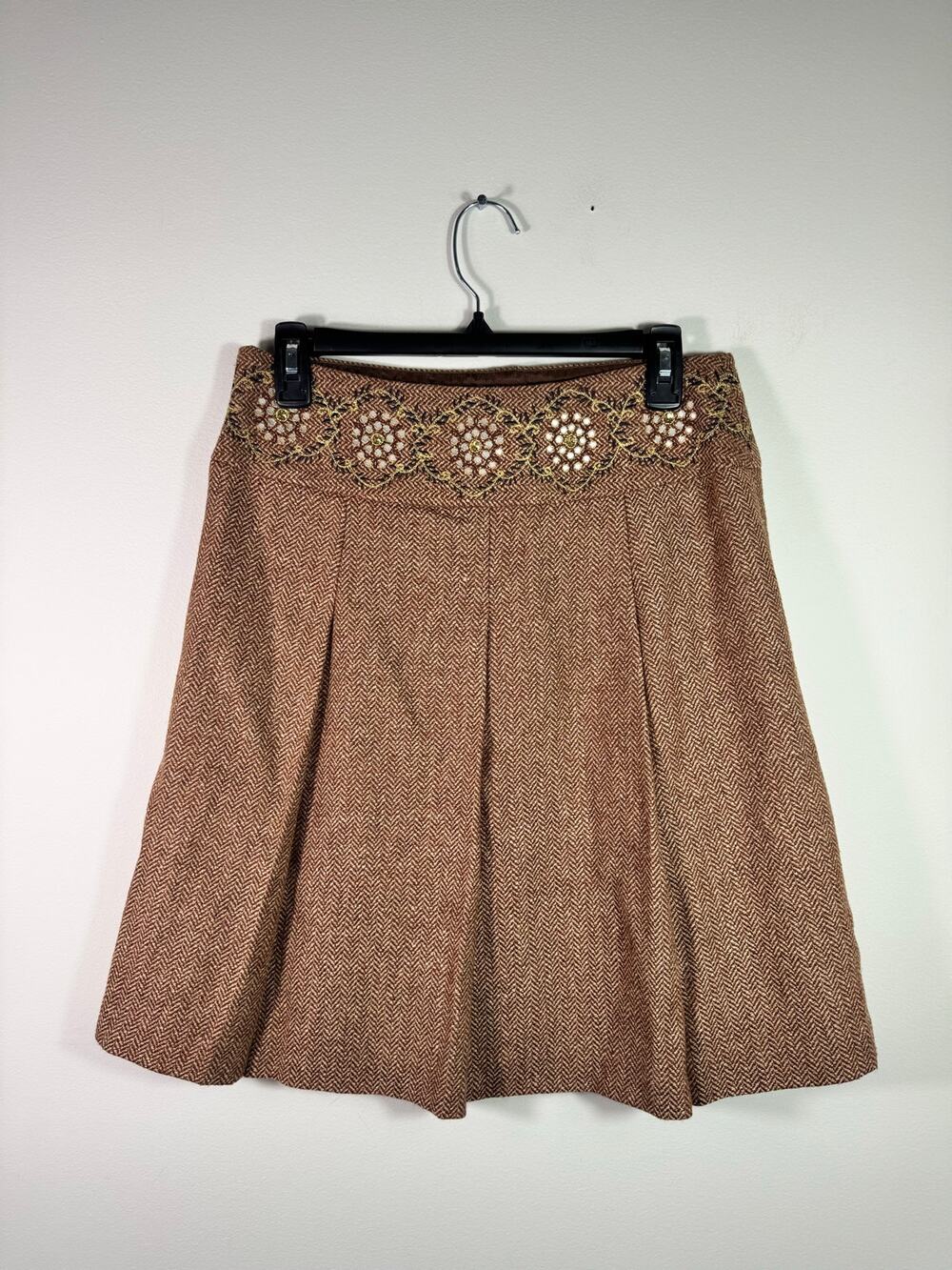 Loft Petite Brown Wool A Line Embroidered Skirt 2P